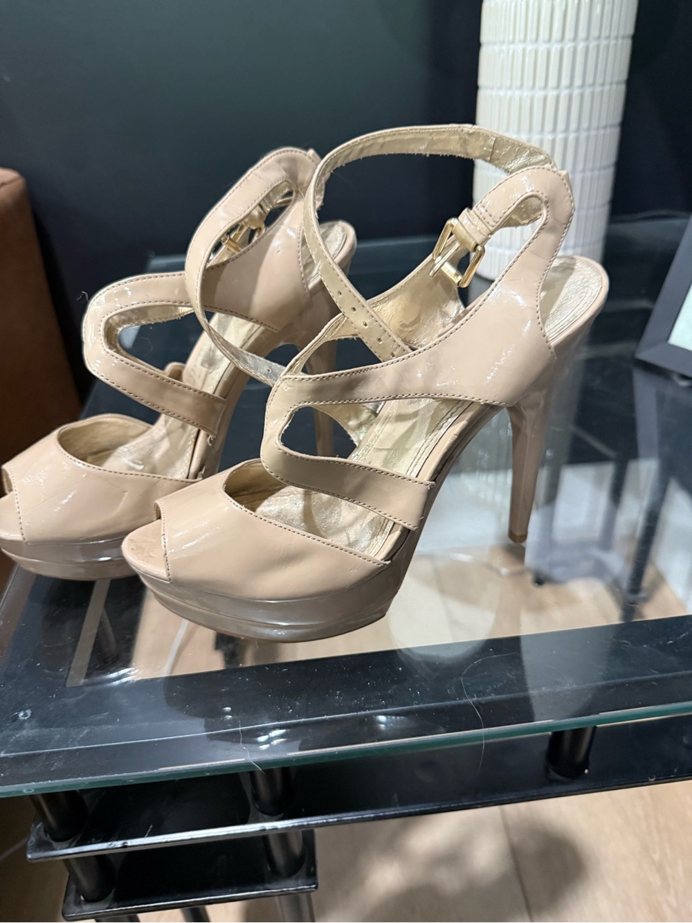 Nude Patent Platform Heeled Sandals - Women